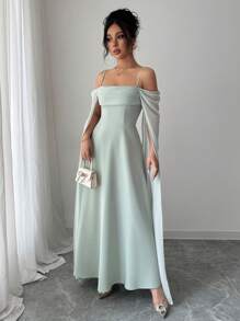 Rafferiza 法式优雅性感派对礼服，无袖露肩褶皱雪纺拼接透视袖收腰长裙，绿色，春夏 - 綠色 - 查看 4