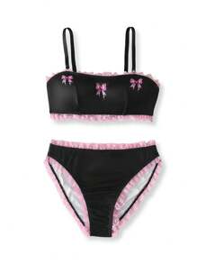 2 件套蝴蝶结印花蕾丝花边甜美可爱少女文胸和内裤套装 - 黑色 - 查看 1