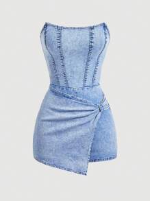 SHEIN MOD 女士不对称下摆牛仔抹胸连衣裙 - 藍色 - 查看 1