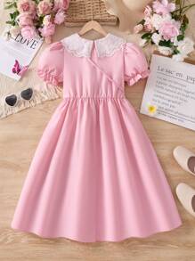 SHEIN Tween Girls' Fashionable Ruffled Short Puff Sleeve Princess Dress, Summer - Pink - View 2