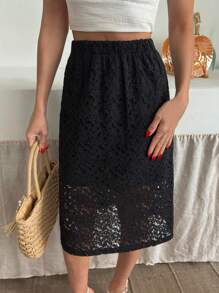 EURMUSE Woman Solid Color Lace Elastic Waist Inside Lining Skirt Midi Knee Length Spring Summer Going Lady Bottom - Black - View 1