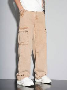 Manfinity Homme 宽松男式翻盖口袋侧边工装牛仔裤 - 卡其色 - 查看 6