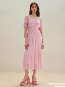 MOTF STUDIO CONTRAST LACE RUFFLE HEM DRESS - Pink - View 5