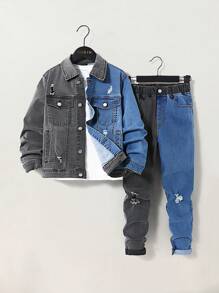 URBAN STREET COOL Tween Boys Casual STRETCH COTTON DENIM JACKET AND SLIM FIT JEANS Two Pieces SET, Contrast Detail, Ripped And Mess Up Detail , Button Front Closure On Jacket,Elastic Waistband Jeans. - Multicolor - View 1