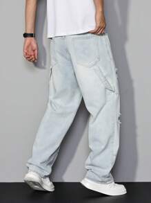 Manfinity Homme Men's Multi-Pocket Ripped Straight-Leg Casual Jeans - Light Wash - View 2