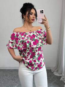 Elenzga Áo cánh trễ vai in họa tiết hoa thanh lịch mùa hè - Nhiều màu - Xem 6