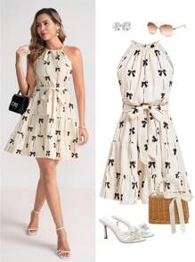 Ellevyn Women's Butterfly Print Ruffle Hem Halter Neck Dress,Summer Outfits For Women ,Butter Yellow Women Vacation Dress