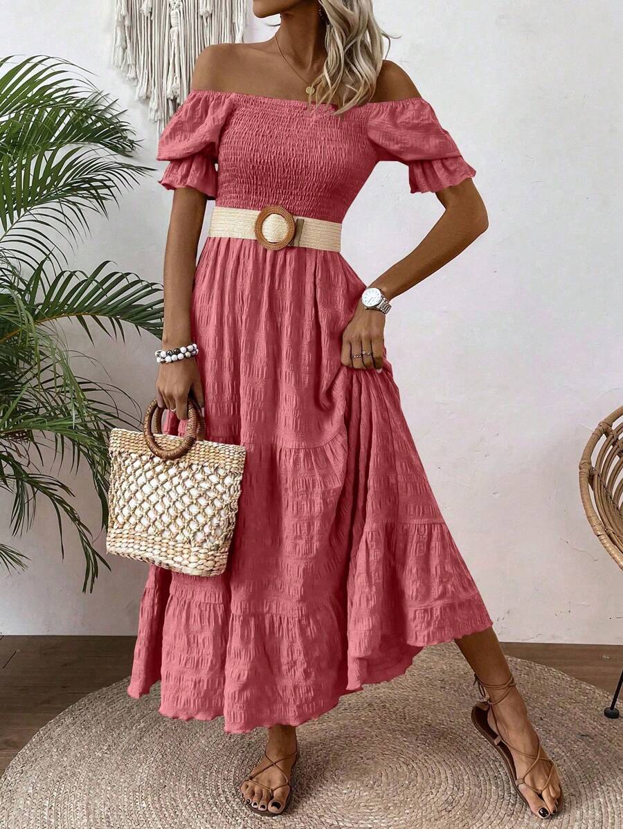 SHEIN Clasi 女式时尚纯色A字喇叭泡泡袖长裙女装 - 西瓜粉 - 查看 1