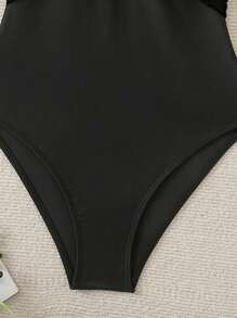 Swim Lushoire 1pc Striped Fabric Criss-Cross Front One-Piece Swimsuit For Summer Beach Vacation - Black - View 5
