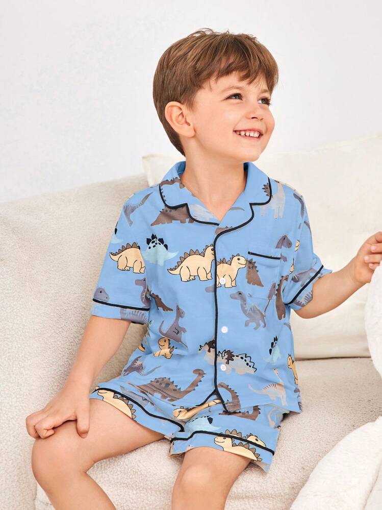 SHEIN Leap Crew 2 piezas Conjunto de pijama de punto de apertura frontal con estampado de dinosaurio lindo para niño pequeño, de verano - Celeste - Añade 1