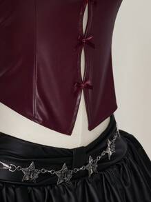 SHEIN ICON Plus Size Women's Solid Color Burgundy Red Bow Decor Fashion PU Leather Halter Neck Camisole - Burgundy - View 6