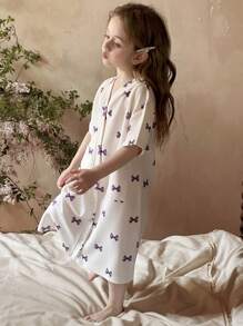 DAZY Young Girl V-Neck Knit Allover Print Nightgown Home Dress, Summer - White - View 3