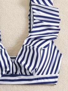 SHEIN Swim 2pcs Women Striped Random Print Ruffle Collar Tankini Swimsuit Set For Summer Beach Vacation - Blue and White - View 7