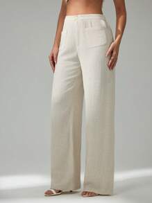 SHEIN Tall Women's Solid Color Elegant Work Straight Leg Pants With Pockets - Apricot - View 7