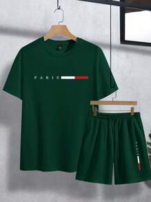 Manfinity Homme Set casual da uomo composto da t-shirt a maniche corte con collo rotondo e stampa di lettere, e pantaloncini, outfit estivo da 2 pezzi per uomo
