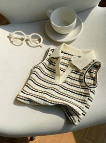 SHEIN Babygirl Cute Striped Knit Sleeveless Polo Shirt, Versatile For Summer