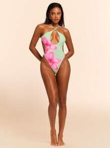 SHEIN BAE Women's Sexy Elegant Romantic Vintage Floral Print Backless High Slit One Piece Swimsuit, Vacation Wear - Green - View 4