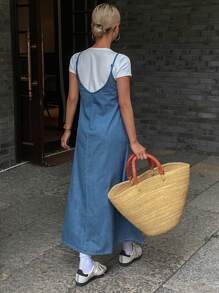 Livesso 女士休闲宽松牛仔吊带裙，春夏度假款 - 藍色 - 查看 7