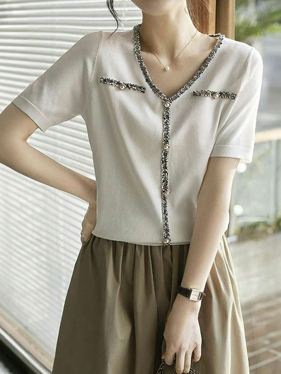 SHEIN LUNE Summer Casual Commute Color Block Knitted Sweater Top - Beige - View 1
