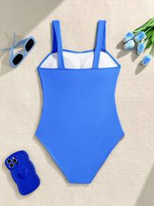 SHEIN New Fashion Solid Color Hollow-Out Sides One-Piece Swimsuit For Teens - Blue - View 2