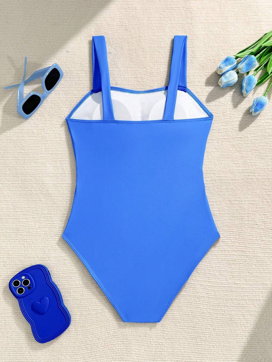 Nuevo Traje de baño de una sola pieza de unicolor con lados calados para adolescentes - Azul - Ver 1