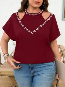 SHEIN Clasi Plus Size Women Elegant Knit Short Sleeve Body-Con Black T-Shirt With Pearl Decor - Burgundy - View 1