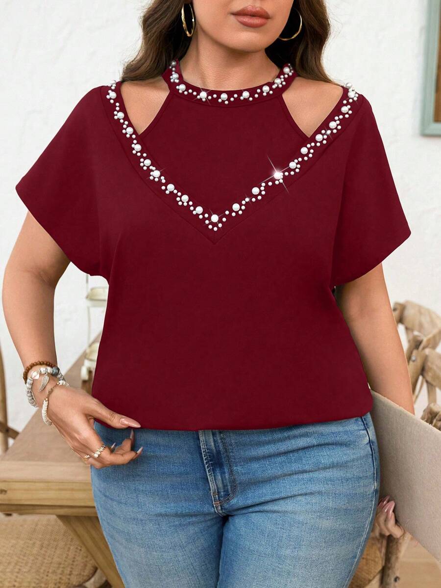 SHEIN Clasi Plus Size Women Elegant Knit Short Sleeve Body-Con Black T-Shirt With Pearl Decor - Burgundy - View 1