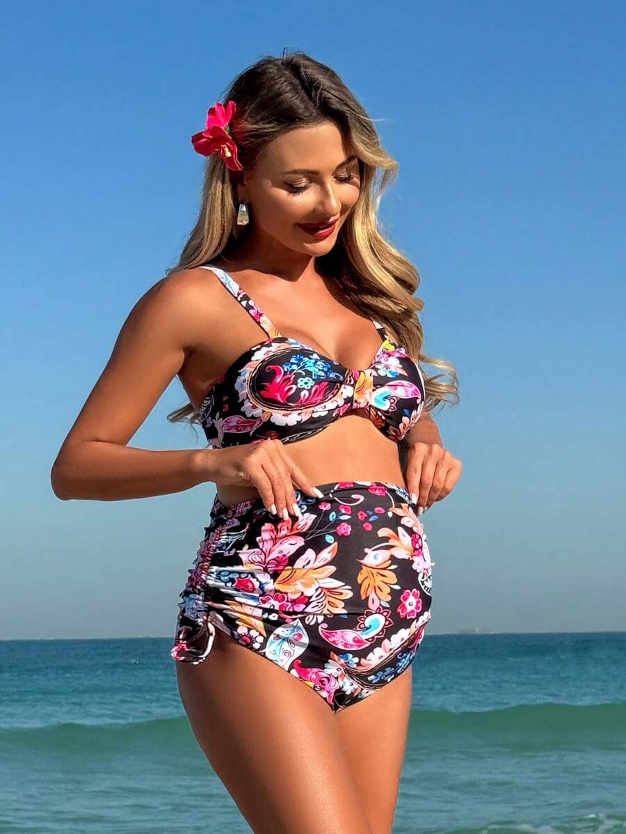 SHEIN Retro Print High Waist Maternity Swimwear Set For Summer Beach Vacation - Multicolor - View 1