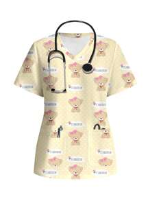 PopScrub Women's Knitted Scrub Top: Cute Bear Print, V-Neck, Short Sleeves, Regular Length Casual Style With Pockets, Perfect For A Beautiful Day - Multicolor - View 1