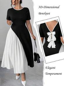 SHEIN PETITE CURVE Vestido de verano casual y elegante para mujer de talla grande, con bloque de color, decoración de lazo y estilo vintage francés romántico. Ropa casual de negocios para mujeres, vestidos de mujer, regalos de cumpleaños para mujeres, ropa de mujer de talla pequeña - Negro - Ver 1