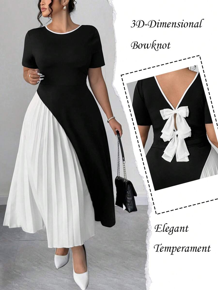 SHEIN PETITE CURVE Vestido de verano casual y elegante para mujer de talla grande, con bloque de color, decoración de lazo y estilo vintage francés romántico. Ropa casual de negocios para mujeres, vestidos de mujer, regalos de cumpleaños para mujeres, ropa de mujer de talla pequeña - Negro - Ver 1