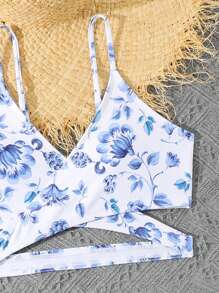 SHEIN 少女三件套：花卉印花细肩带比基尼 + 纯色迷你裙，泳衣印花什锦 - 藍色 - 查看 4