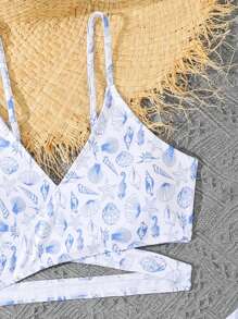 SHEIN Conjunto de 3 piezas para adolescentes que incluye bikini con tirantes finos y estampado completo, talla grande minifalda de unicolor. Estilo de estampado aleatorio - Azul - Ver 4
