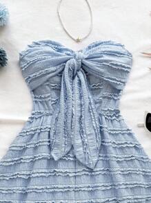 SHEIN WYWH 女士粉色纹理提花系带蝴蝶结腰部阔腿连体衣，度假风格 - 淺藍色 - 查看 5