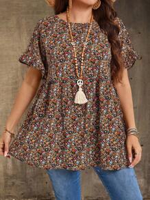 EMERY ROSE Plus Size Women's Printed Round Neck Short Sleeve Ruffled Babydoll Blouse, Tunic Top, Summer, Mother Day, Country Concert, Boho, Western, Vacation Woman, Summer Fashion - Multicolor - View 7