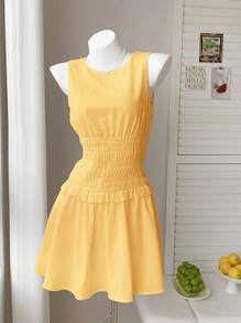 SHEIN EZwear 无袖褶饰腰迷你连衣裙，夏季 - 黃色 - 查看 2