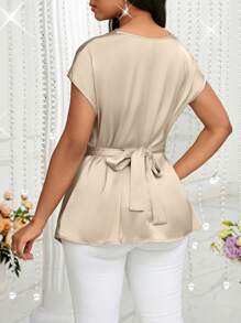 SHEIN Lady Women Solid Color Drape Neck Elegant Short Sleeve T-Shirt, Suitable For Summer - Apricot - View 2