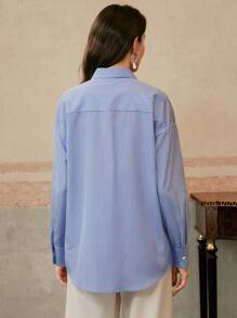 Anewsta Women's Blue Striped Plaid Elegant Casual Loose Long Sleeve Blouse Shirt Top, Spring/Summer - Blue - View 2