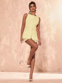 SHEIN BAE 女式纯色单排扣无袖上衣和迷你裙休闲套装