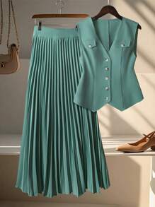 GlowEve Casual Office Solid Color Vest & Pleated Skirt 2 Pieces Set - Multicolor - View 4