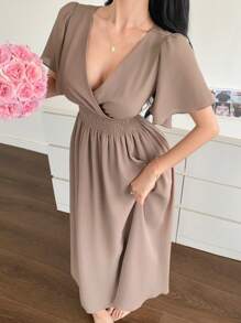 DAZY Women's Solid Color V-Neck Cinched Waist Ruffle Sleeve Elegant Dress, Summer