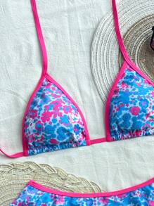 SHEIN Swim 2pcs Women's Spring Break Beach Outfits: Random Print Spaghetti Strap Top And Contrast Ruffle Trim Two Pieces Bikini Set For Summer Vacation - Multicolor - View 4