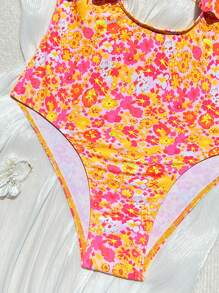 SHEIN Swim 1pc Summer Beach Ditsy Floral Ruffle One-Piece Swimsuit, Random Print - Multicolor - View 5