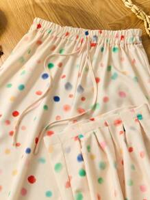 SHEIN LUNE Pantalones largos con cintura elástica y cordón con estampado aleatorio de flores/lunares - Albaricoque - Ver 5