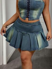 SHEIN SXY تنورة جينز قصيرة مطوية كاجوال مناسبة للبدناء ، مناسبة للارتداء اليومي الصيفي