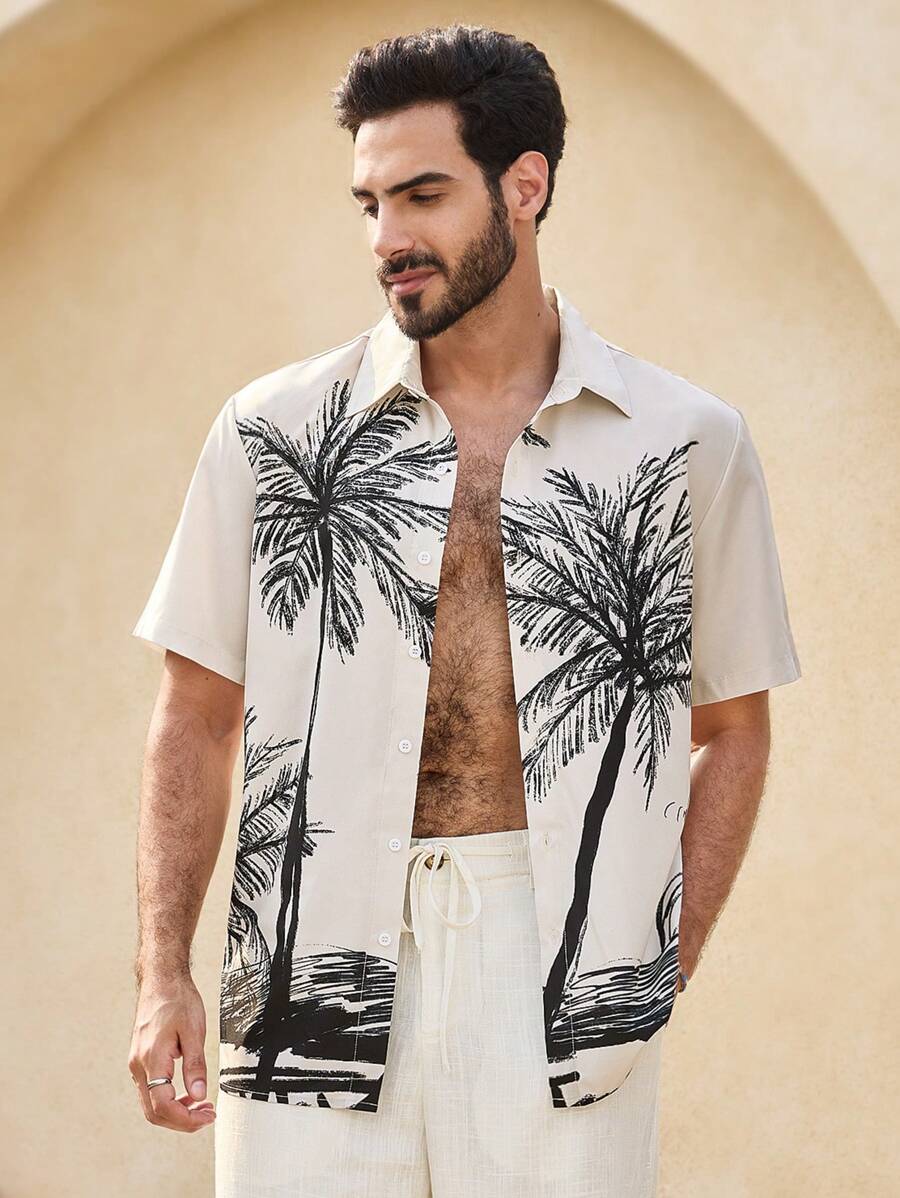 Manfinity VCAY 男士修身编织棕榈树印花短袖休闲衬衫，适合夏季 - 杏色 - 查看 1