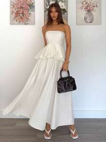 Siren Gaze Women's Simple Solid Color Ruffle Hem Dress, Summer New Year Elegant White Evening Dress Party - White - View 6