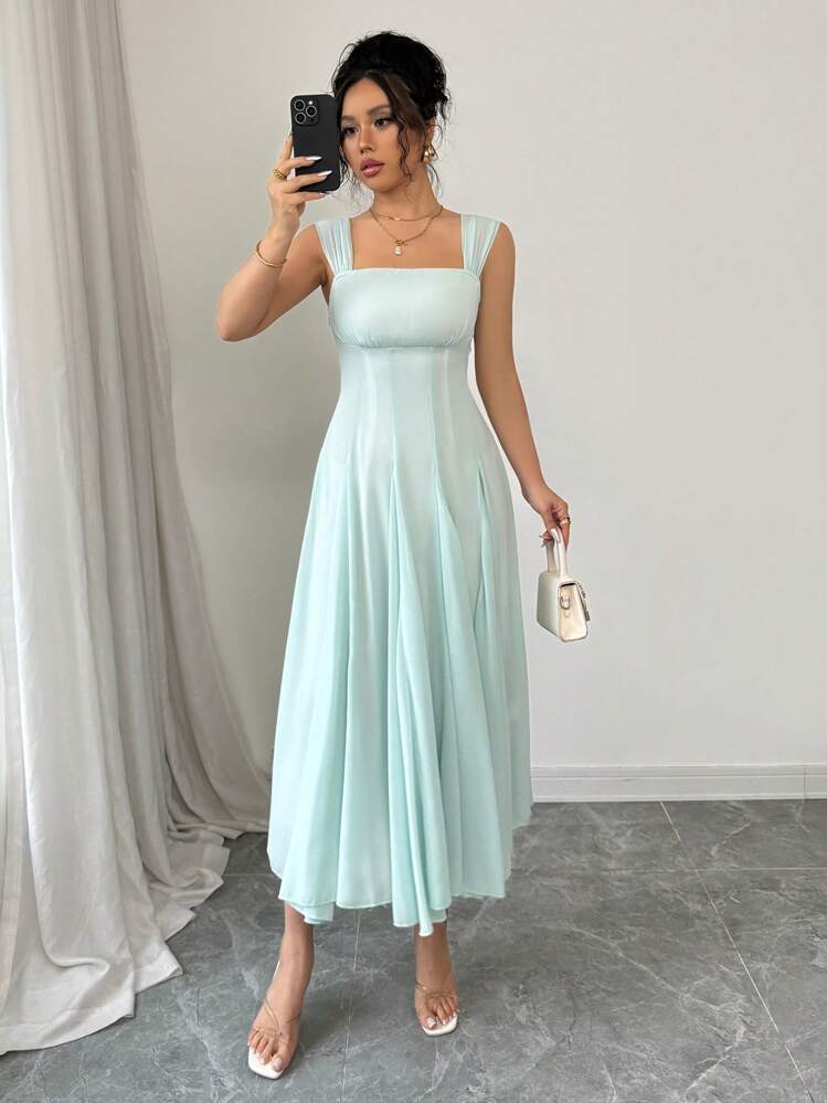 Rafferiza فستان أنيق بكسرات على الكتف مع خصر نحيف وذيل مفلطح، لون أخضر متوسط الطول للنساء، مناسب للربيع والصيف - أخضر نعناع - مشاهدة 8