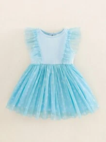Baby Mädchen elegantes, süßes, leichtgrünes Kleid mit Blumenmuster aus Mesh- und Rippstoff ohne Ärmel in A-Linie, wunderschön und niedlich, geeignet für Frühling/Sommer, Outdoor, Partys, Fotoaufnahmen, Alltagsanlässe - Blau - Übersicht 4