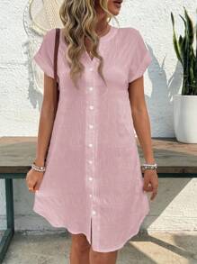 EMERY ROSE Women's Solid Color V-Neck Short Sleeve Single Breasted Casual Short Dress,Summer Dresses For Women - Pink - View 4